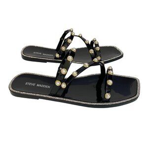 Steve Madden Black Patent Slide Sandals with Pearl & Gold Accents